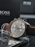 Hugo Boss Men’s Quartz Brown Leather Strap Silver Dial 44mm Watch 1513786