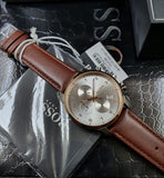 Hugo Boss Men’s Quartz Brown Leather Strap Silver Dial 44mm Watch 1513786