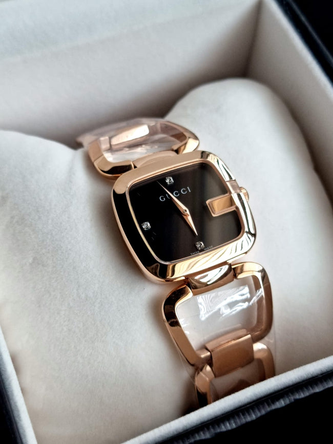 Gucci G Black Diamond Dial Rose Gold PVD Stainless Steel Ladies Watch YA125409 Hover Image