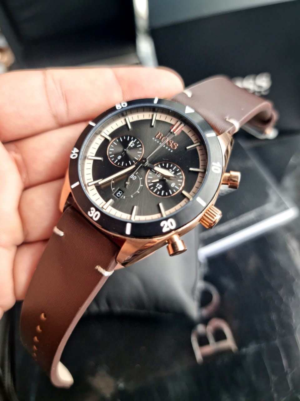 Hugo Boss Men's Chronograph Quartz Brown Leather Strap Grey Dial