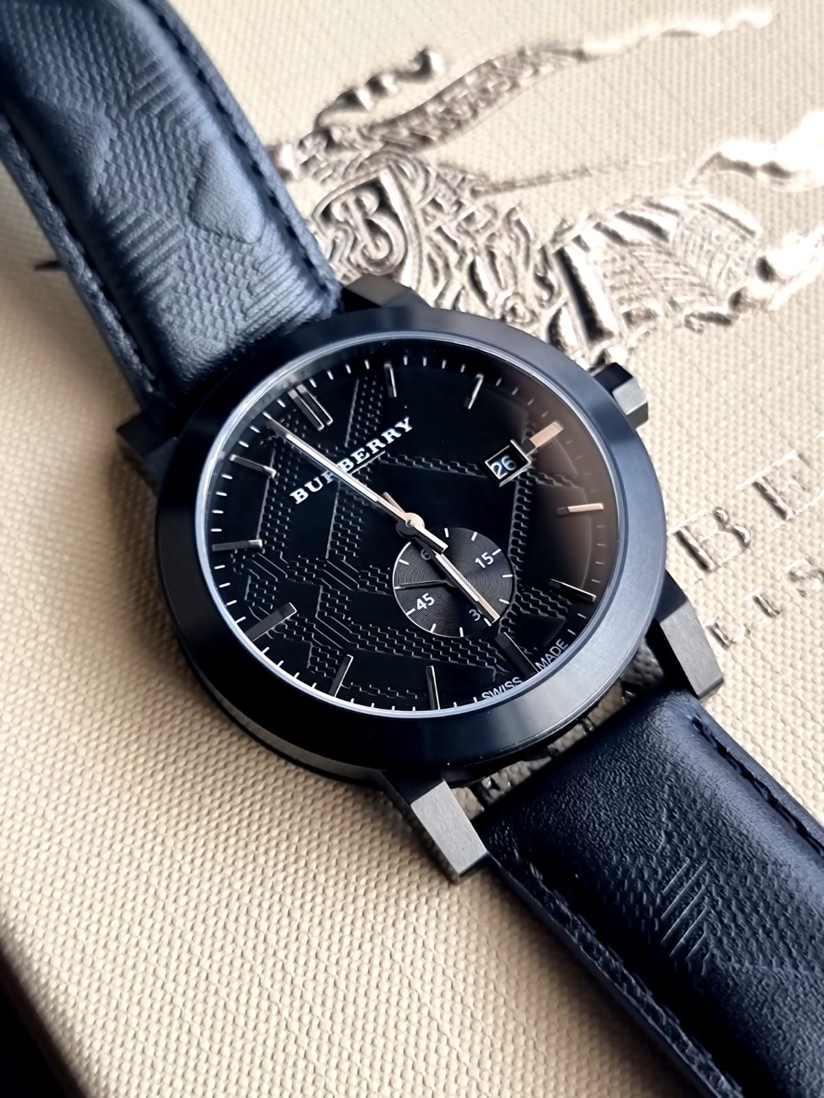 Burberry watch swiss made black leather bu9906 Clearance