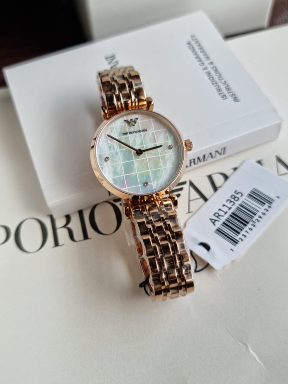 Emporio Armani Women’s Quartz Rose Gold Stainless Steel Mother Of Pearl Dial 32mm Watch AR11385