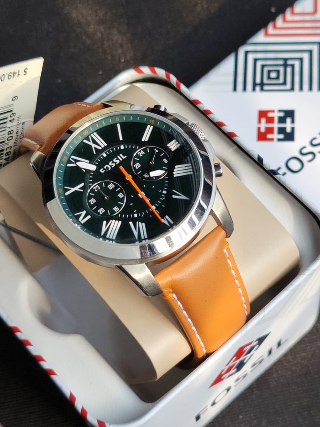 Fossil Men's FS4918 Grant Chronograph Stainless Steel Watch With Tan Leather Band Hover Image