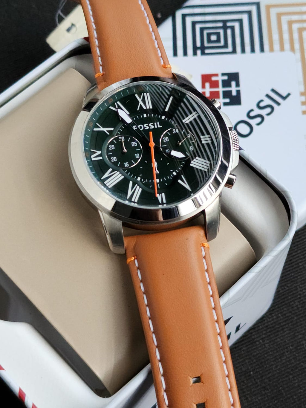 Fossil Men's FS4918 Grant Chronograph Stainless Steel Watch With Tan Leather Band