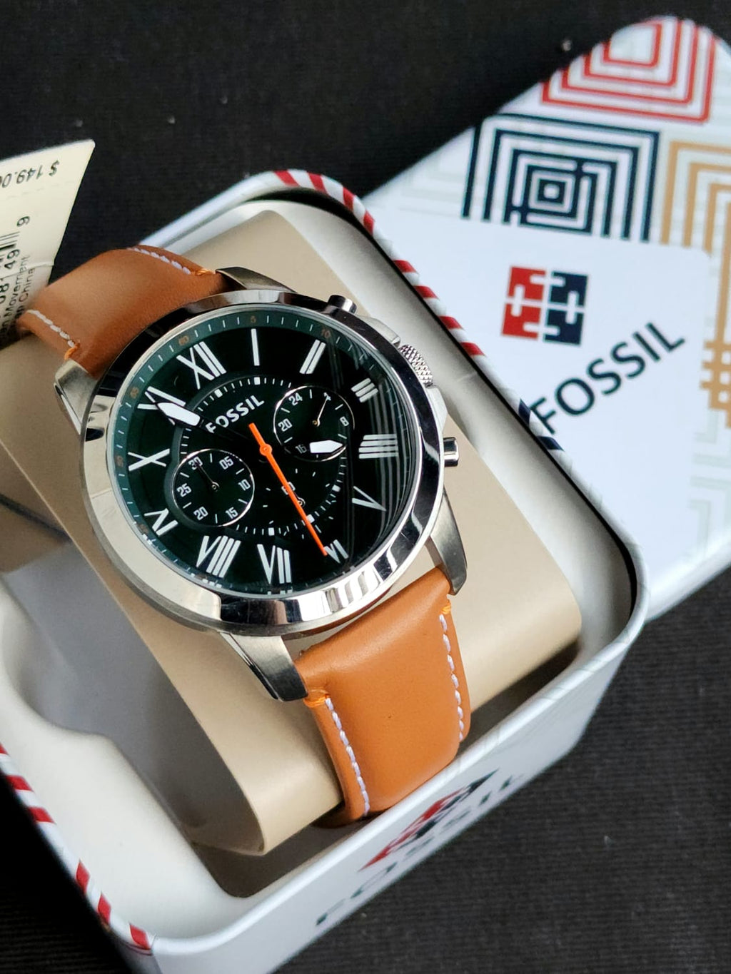 Fossil Men's FS4918 Grant Chronograph Stainless Steel Watch With Tan Leather Band