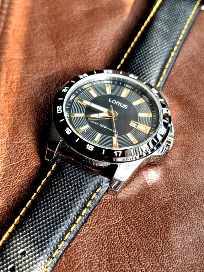 LOrus Black leather Strap black dial Black bezel 45mm dial size Hover Image