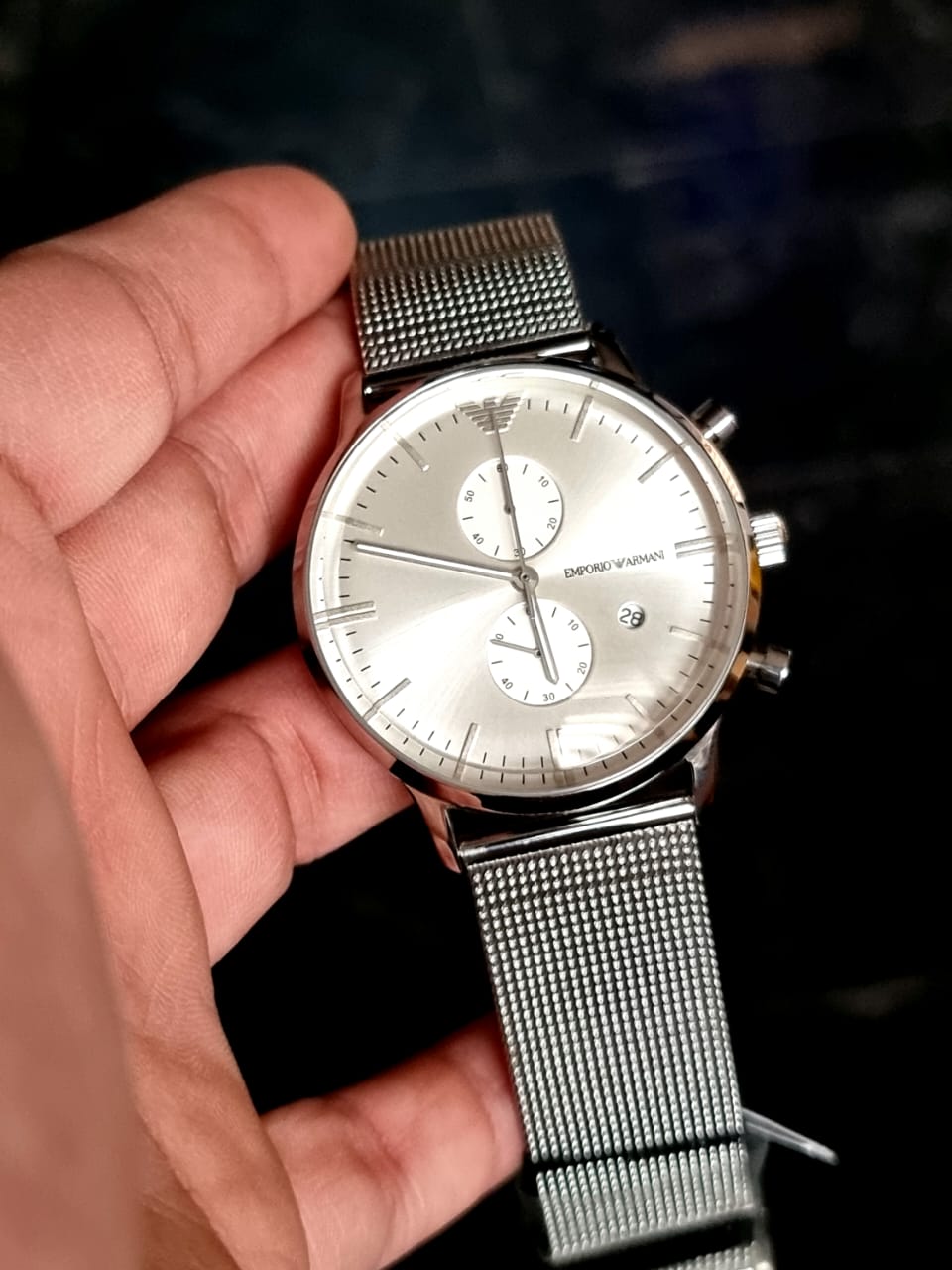 Emporio Armani Men’s Chronograph Quartz Stainless Steel Silver Dial 38mm Watch AR0390