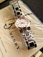 Burberry White Dial Rose Gold Ion-Plated Bezel Ladies Watch BU9205