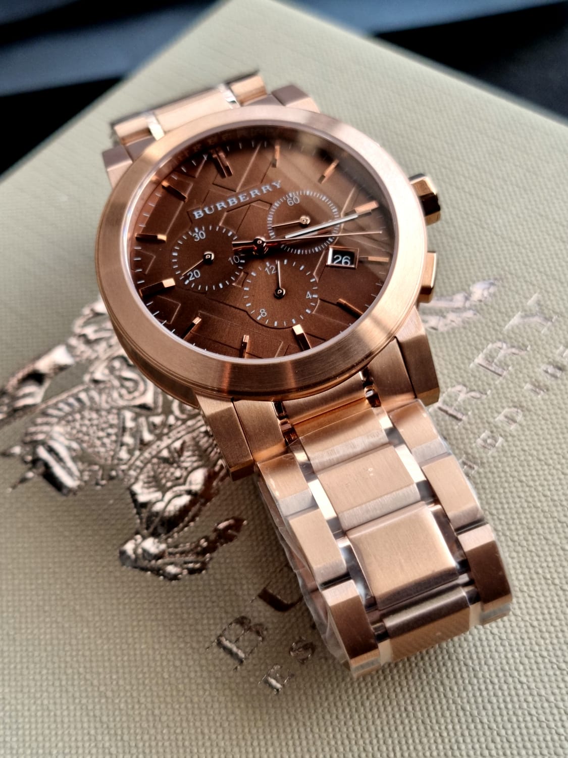 BURBERRY Taupe Chronograph Dial Rose Gold Plated Steel Men's Watch BU9353