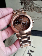 BURBERRY Taupe Chronograph Dial Rose Gold Plated Steel Men's Watch BU9353