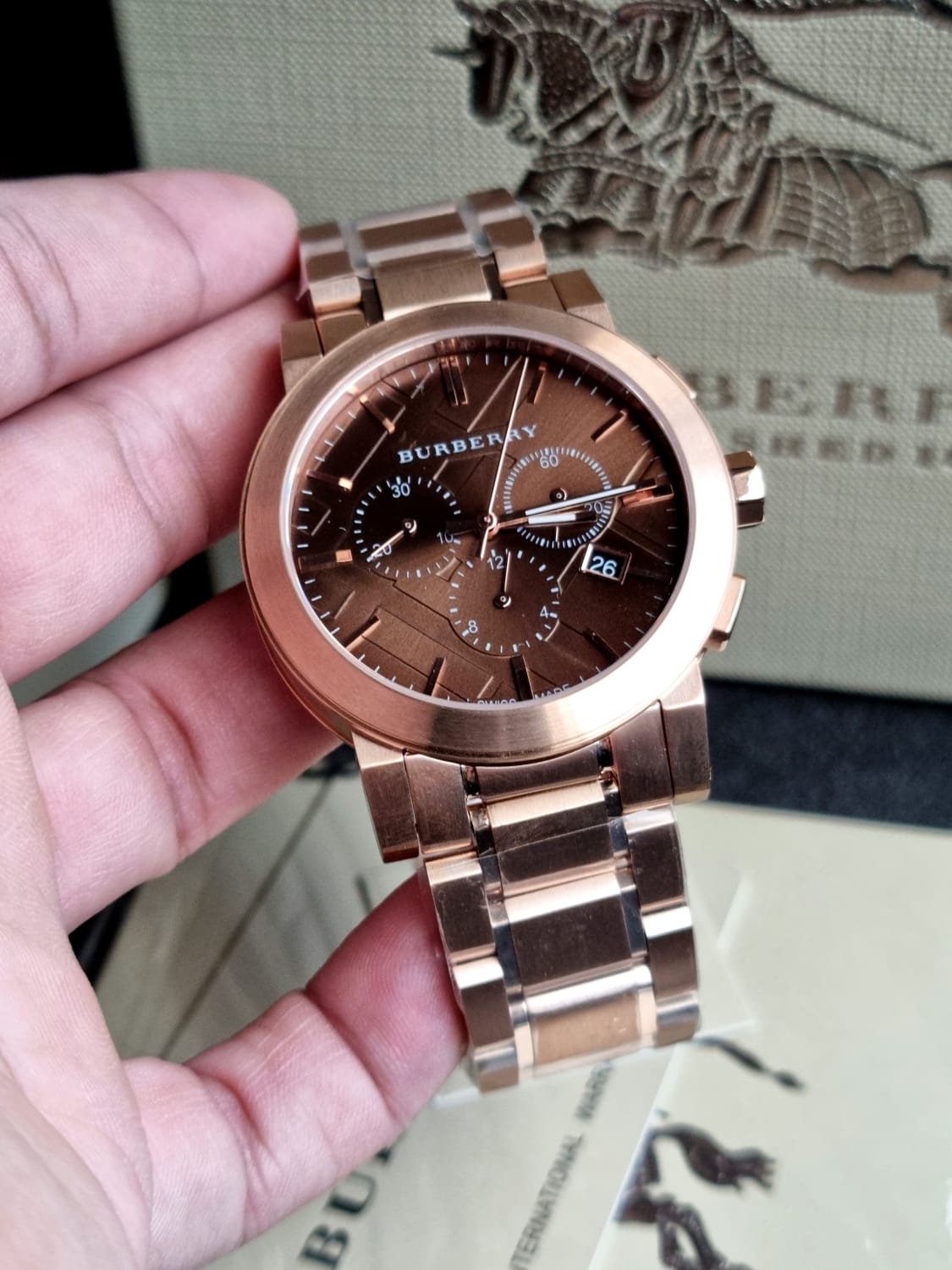BURBERRY Taupe Chronograph Dial Rose Gold Plated Steel Men's Watch BU9353