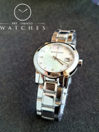 Burberry Swiss Rare Diamonds Silver Mother Of Pearl Date Dial 34mm Women Stainless Steel Wrist Watch The City BU9125