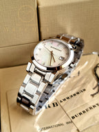 Burberry Swiss Rare Diamonds Silver Mother Of Pearl Date Dial 34mm Women Stainless Steel Wrist Watch The City BU9125