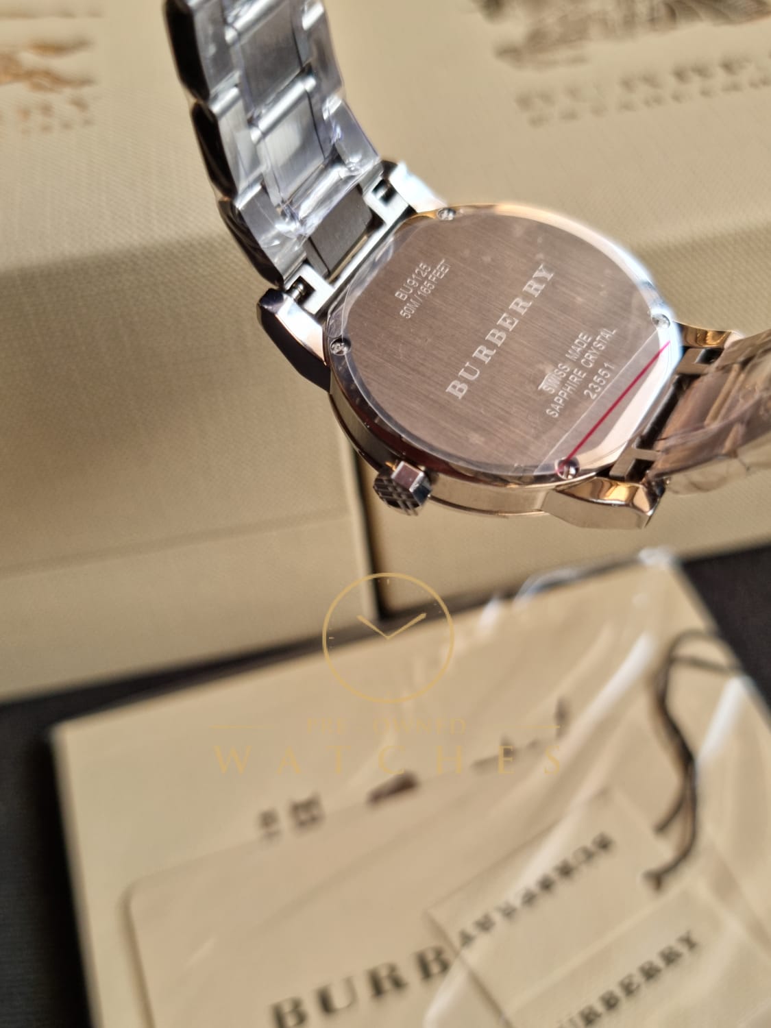 Burberry Swiss Rare Diamonds Silver Mother Of Pearl Date Dial 34mm Women Stainless Steel Wrist Watch The City BU9125