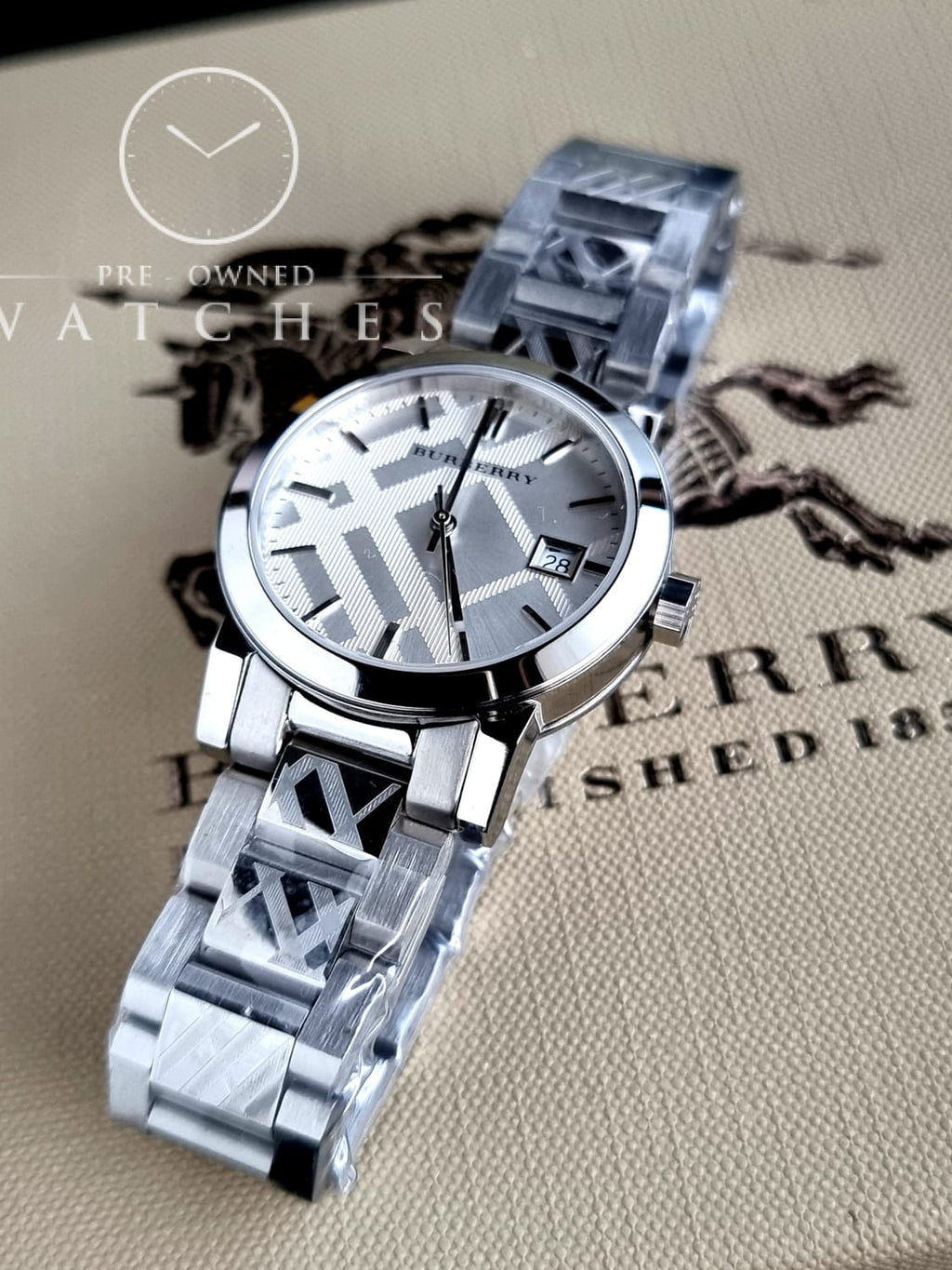 BURBERRY Silver Check Stamped Dial Stainless Steel Ladies Watch BU9144