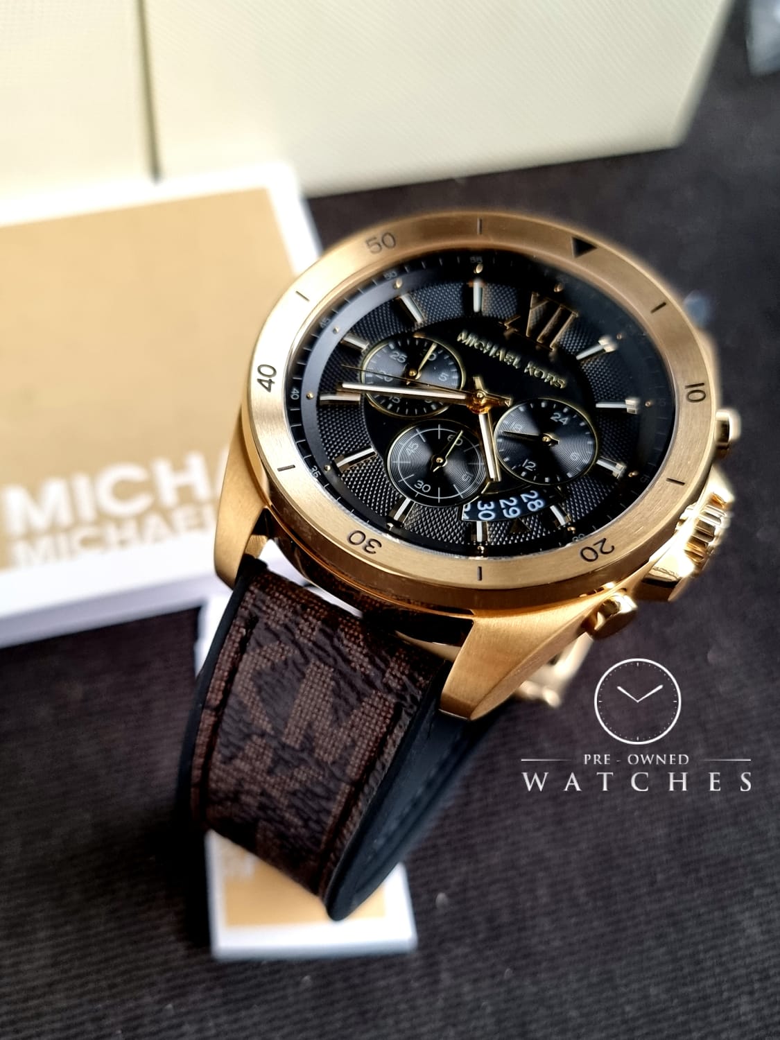 Michael Kors Men’s Quartz Brown Silicone & Leather Strap Black Dial 45mm Watch MK8849