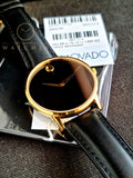 MOVADO Swiss Museum Classic Black Dial Men's Gold Slim Leather Watch