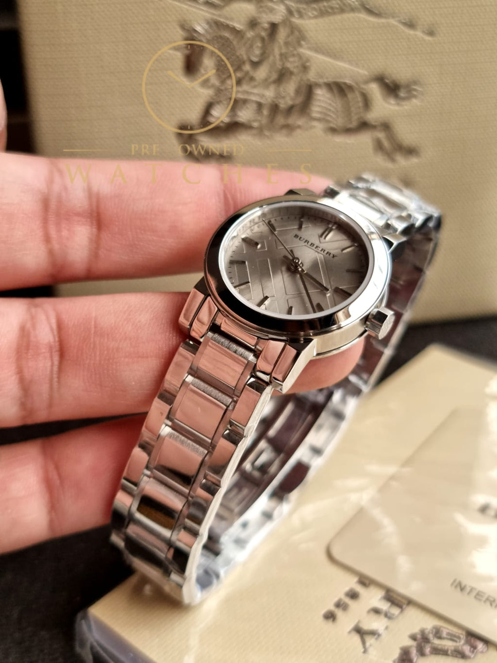 Burberry Women’s Swiss Made Quartz Stainless Steel Grey Check Stamped Dial 26mm Watch BU9229