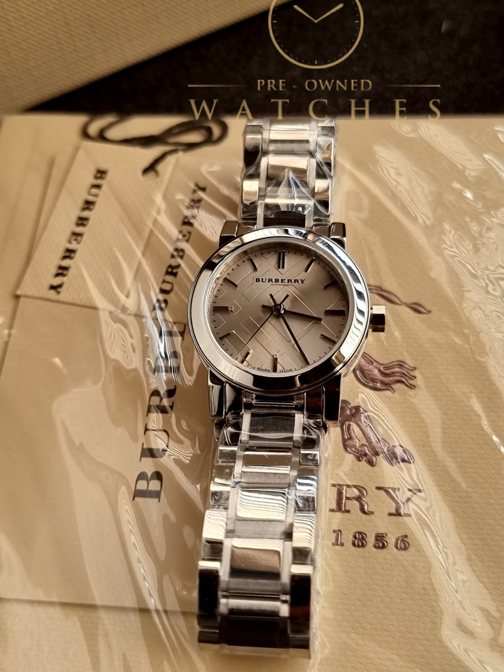Burberry Women’s Swiss Made Quartz Stainless Steel Grey Check Stamped Dial 26mm Watch BU9229