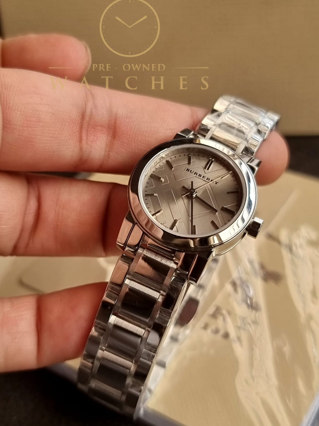 Burberry Women’s Swiss Made Quartz Stainless Steel Grey Check Stamped Dial 26mm Watch BU9229