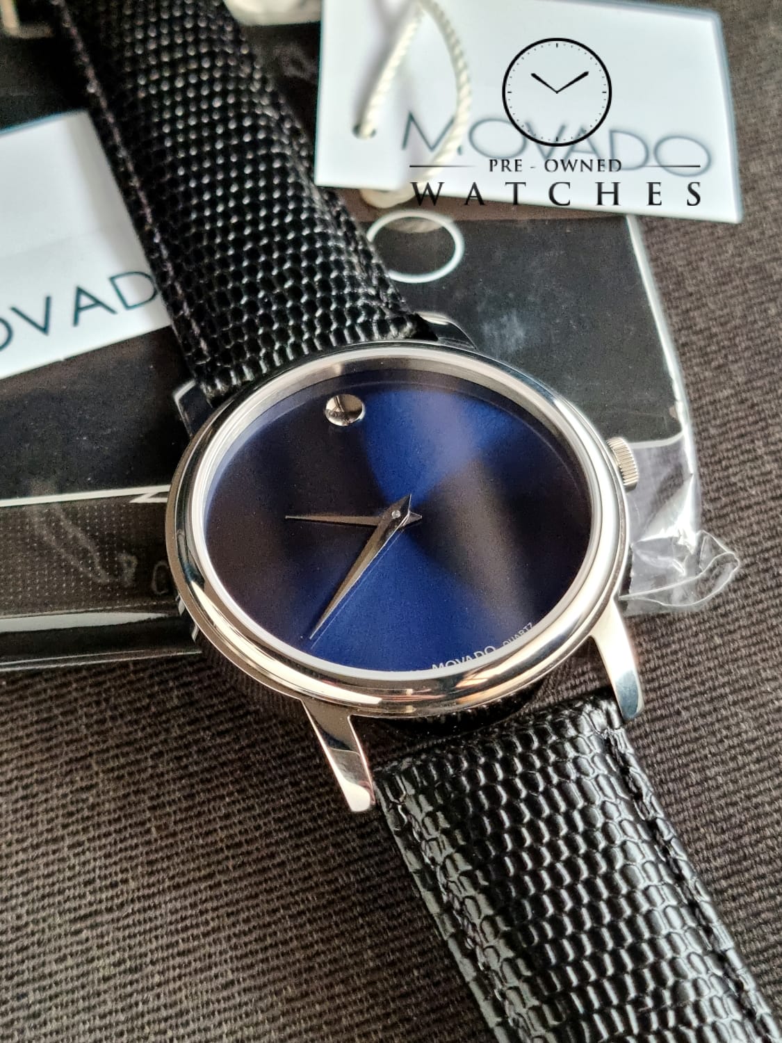 Movado Men’s Swiss Made Quartz Black Leather Strap Blue Dial 39mm Watch 2100009
