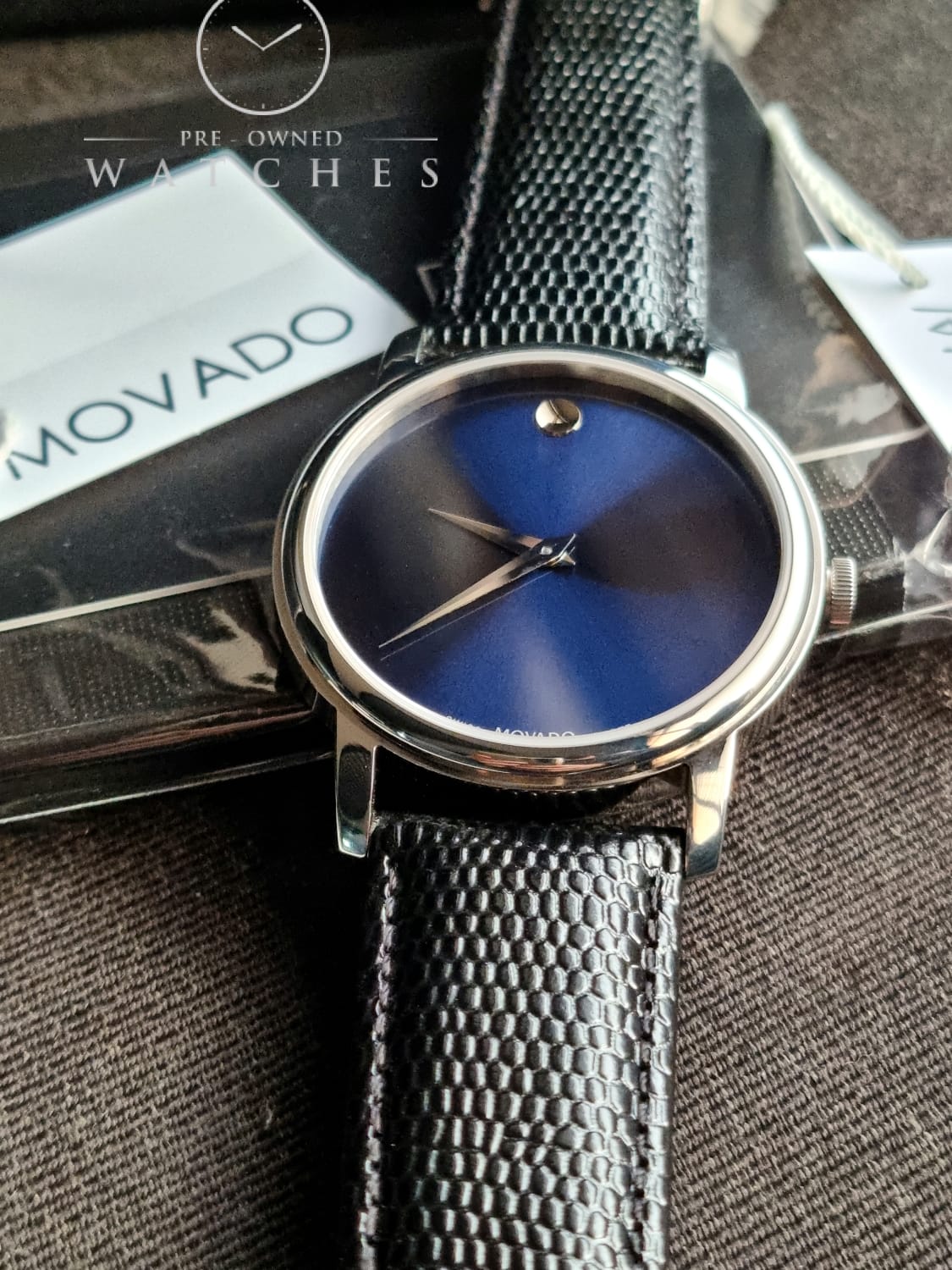 Movado Men’s Swiss Made Quartz Black Leather Strap Blue Dial 39mm Watch 2100009