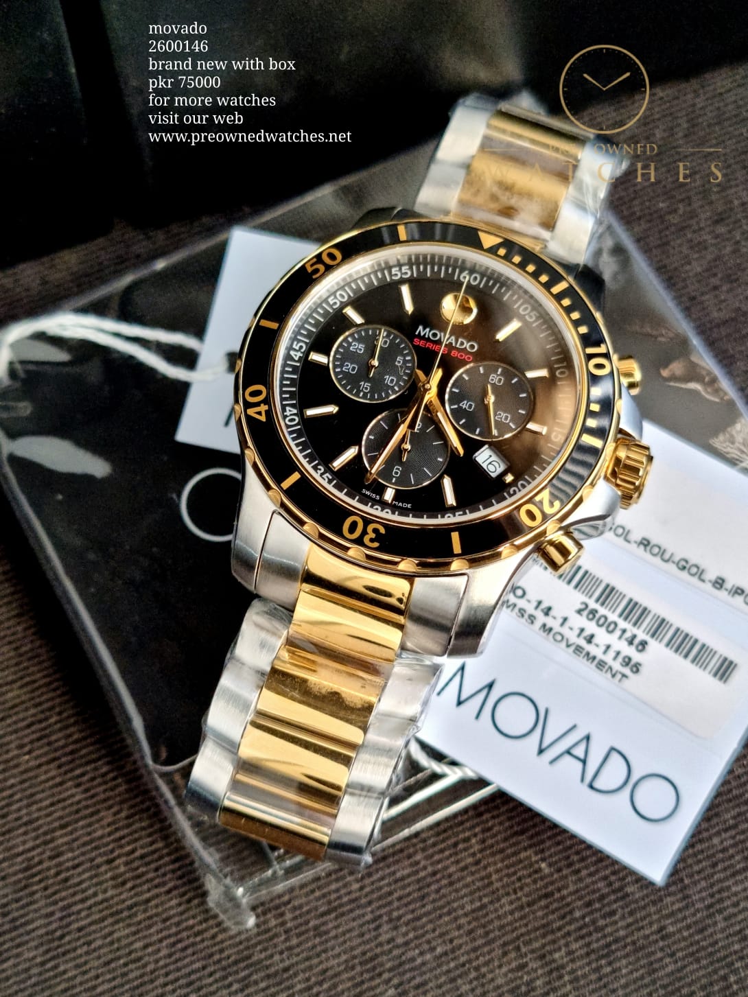 Movado Men's Series 800 2-Tone Chronograph Watch with Printed Index, Gold/Black/Silver (2600146)