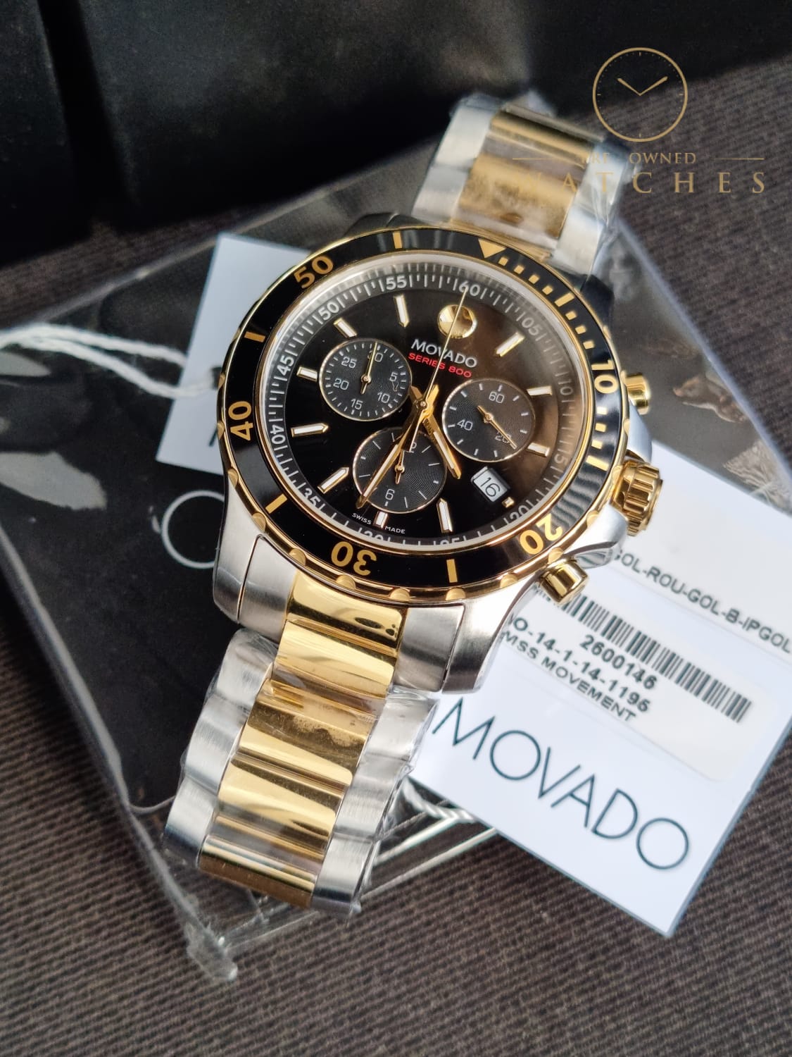 Movado Men's Series 800 2-Tone Chronograph Watch with Printed Index, Gold/Black/Silver (2600146)