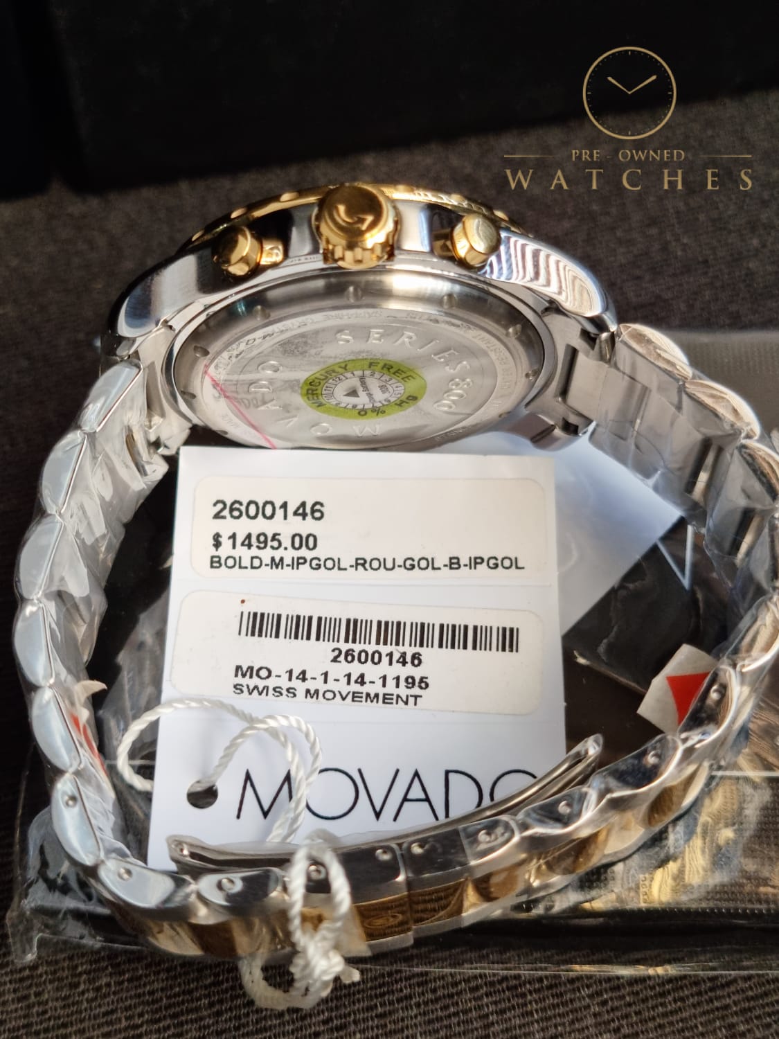 Movado Men's Series 800 2-Tone Chronograph Watch with Printed Index, Gold/Black/Silver (2600146)
