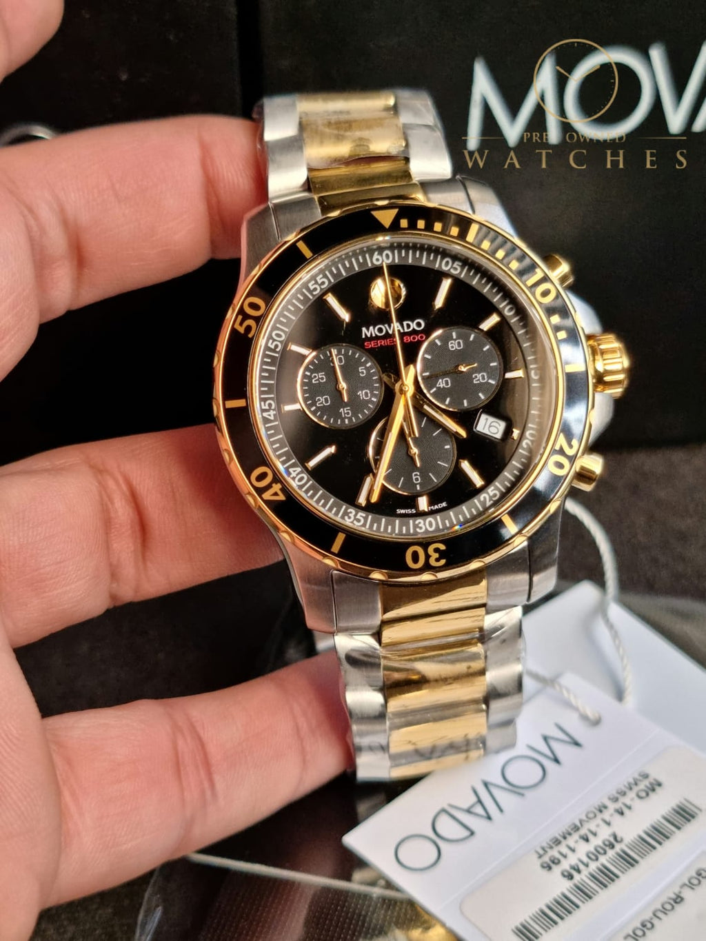 Movado Men's Series 800 2-Tone Chronograph Watch with Printed Index, Gold/Black/Silver (2600146)