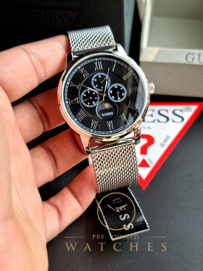 Guess Men’s Quartz Silver Stainless Steel Black Dial 44mm Watch W0871G1 Hover Image