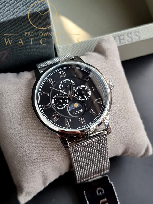 Guess Men’s Quartz Silver Stainless Steel Black Dial 44mm Watch W0871G1 Main Image
