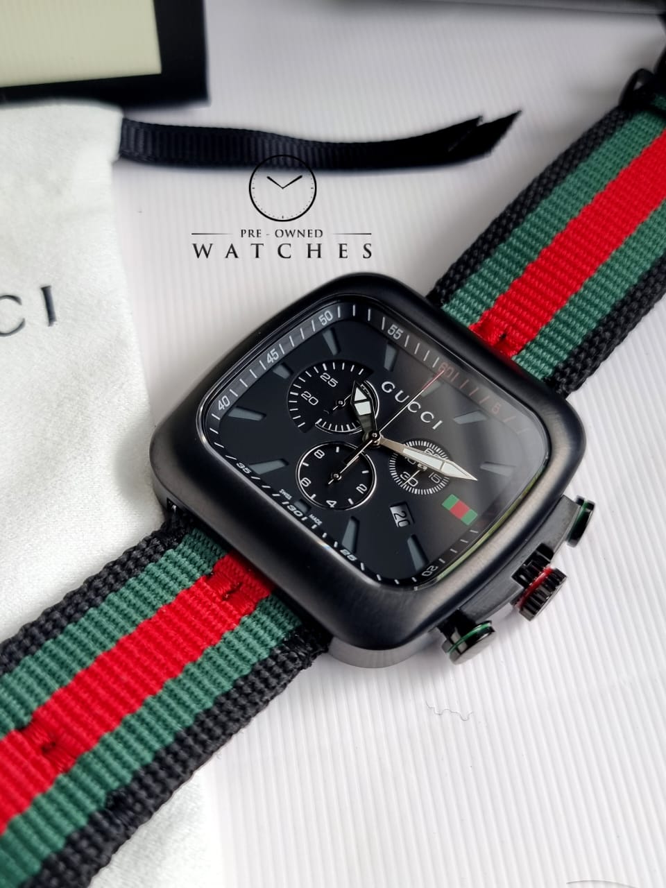 Luxury Watches Gucci Apple Watch Band Series Gucci Coupe Black Stainless Steel With Striped Nylon Strap Men's
