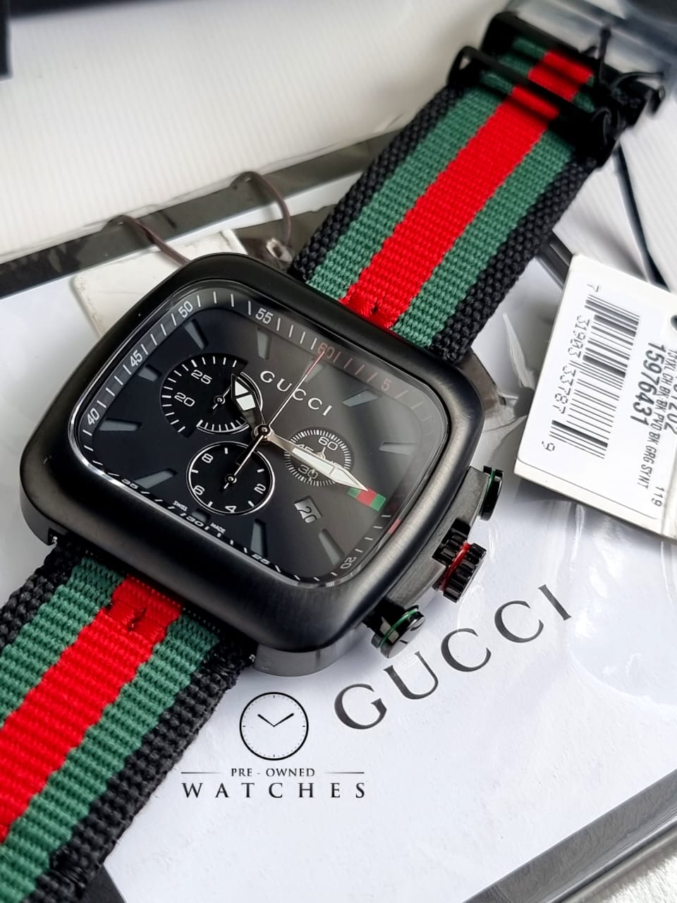 Gucci Coupe Black Stainless Steel with Striped Nylon Strap Men's Watch(Model:YA131202)