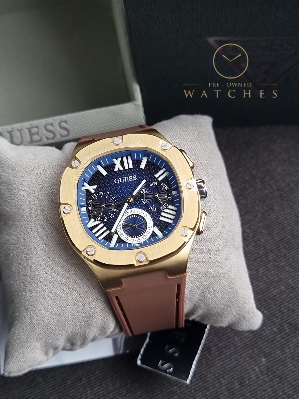 Guess Men’s Quartz Brown Silicone Strap Blue Dial 42mm Watch GW0571G5