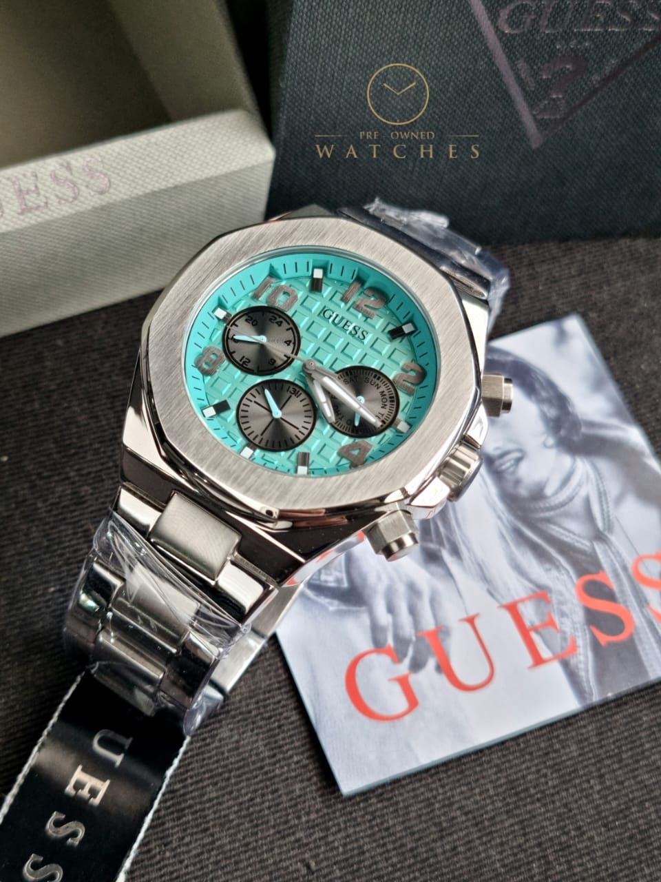 Guess Men’s Quartz Silver Stainless Steel Sky Blue Dial 46mm Watch GW0489G3