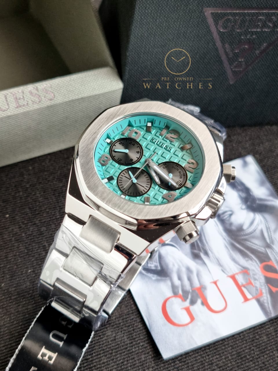 Guess Men’s Quartz Silver Stainless Steel Sky Blue Dial 46mm Watch GW0489G3