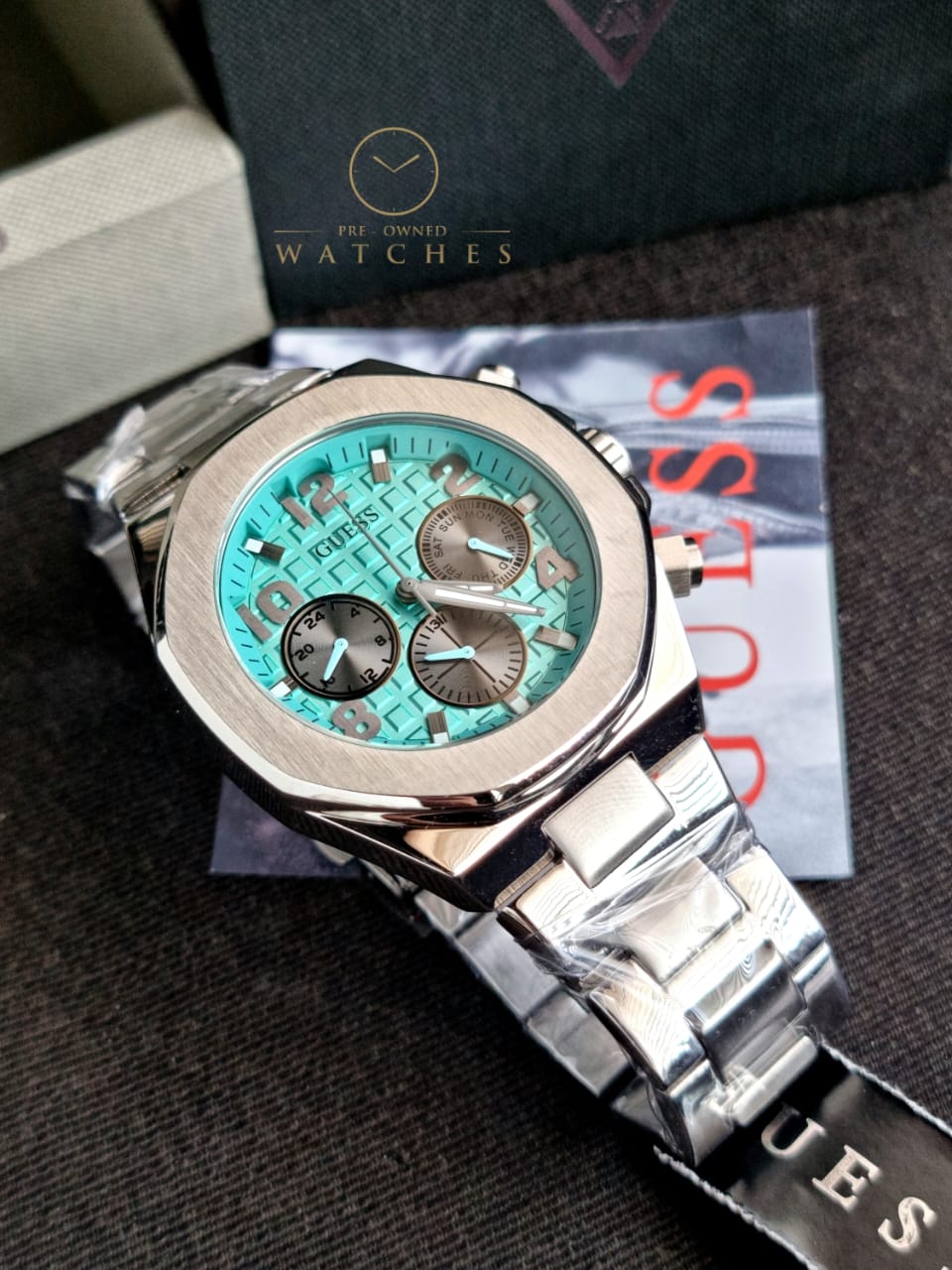 Guess Men’s Quartz Silver Stainless Steel Sky Blue Dial 46mm Watch GW0489G3