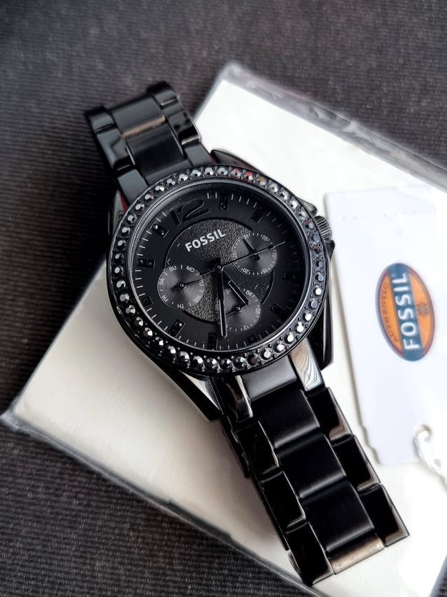 Fossil Women's Riley Quartz Stainless Steel Multifunction Watch, Color: Black Glitz (Model: ES4519) Hover Image