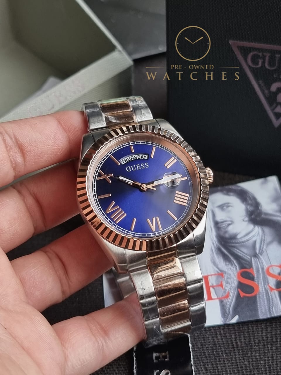 Guess Men’s Quartz Two Tone Stainless Steel Blue Dial 42mm Watch GW0265G12