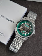 Emporio Armani Skeleton Silver Stainless Steel Green Dial Automatic Watch for Gents - Emporio Armani AR-60091
