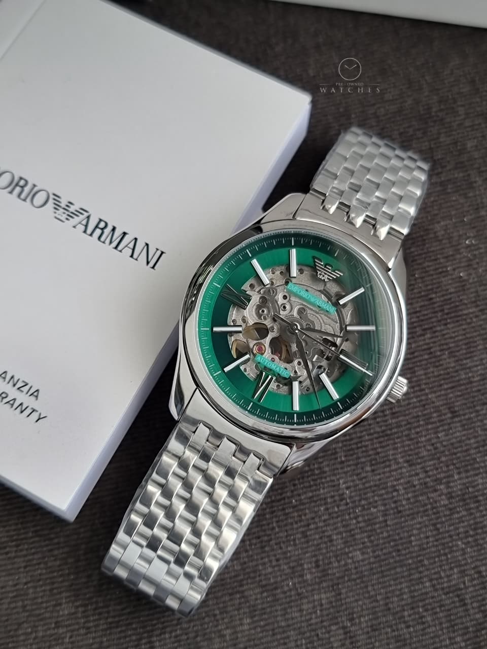 Emporio Armani Skeleton Silver Stainless Steel Green Dial Automatic Watch for Gents - Emporio Armani AR-60091