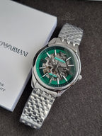 Emporio Armani Skeleton Silver Stainless Steel Green Dial Automatic Watch for Gents - Emporio Armani AR-60091