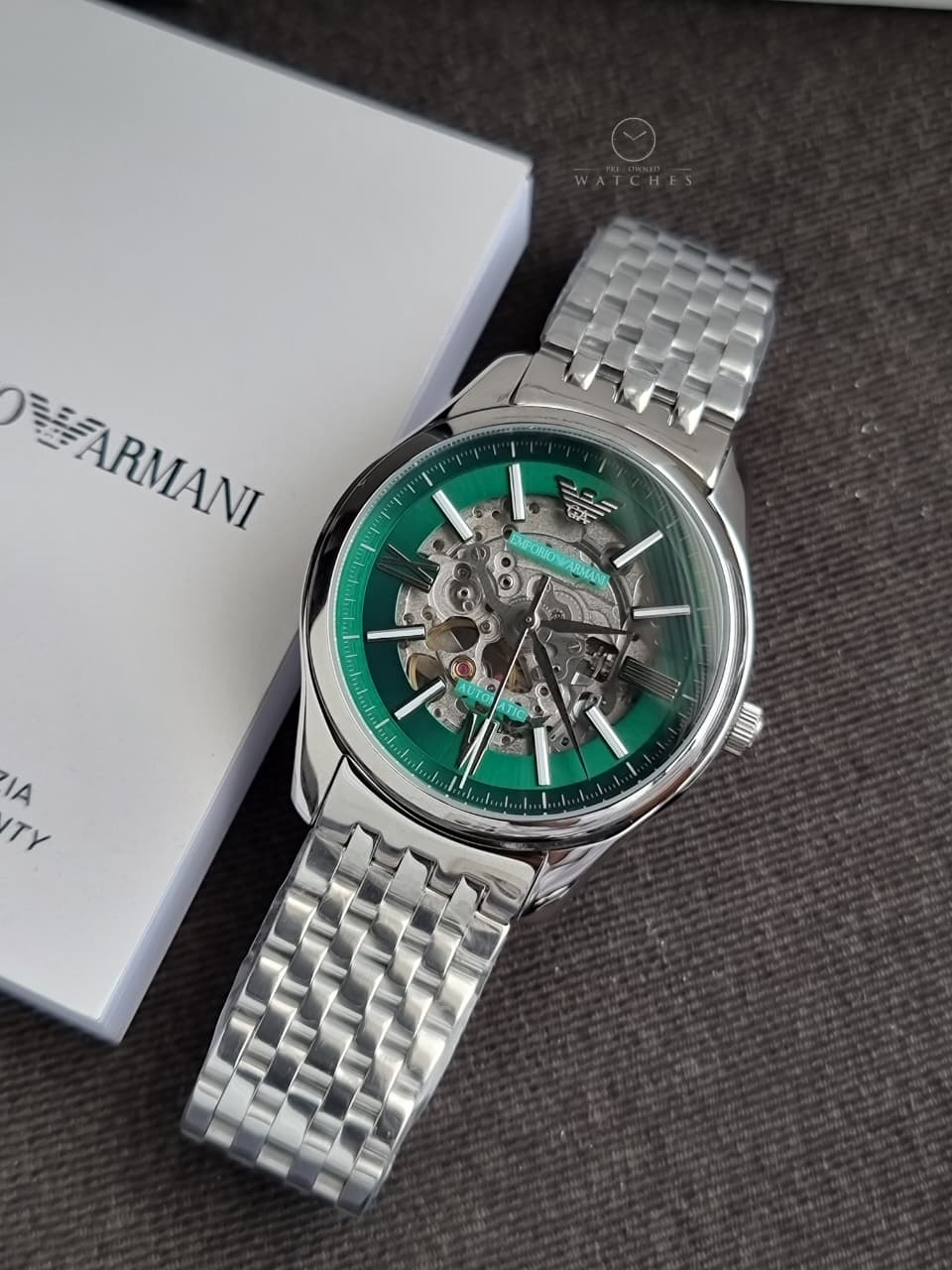 Emporio Armani Skeleton Silver Stainless Steel Green Dial Automatic Watch for Gents - Emporio Armani AR-60091