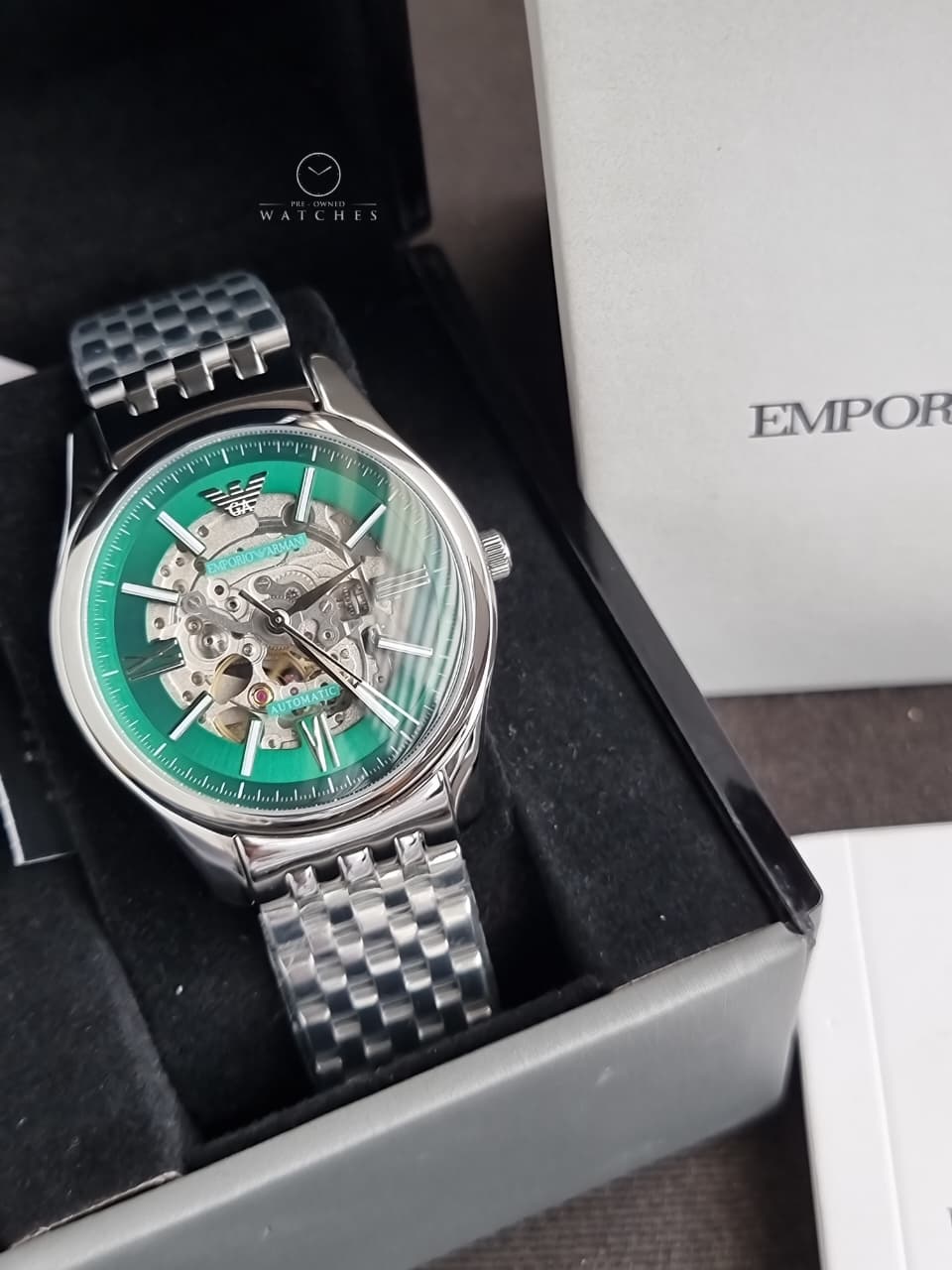 Emporio Armani Skeleton Silver Stainless Steel Green Dial Automatic Watch for Gents - Emporio Armani AR-60091