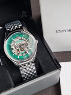 Emporio Armani Skeleton Silver Stainless Steel Green Dial Automatic Watch for Gents - Emporio Armani AR-60091