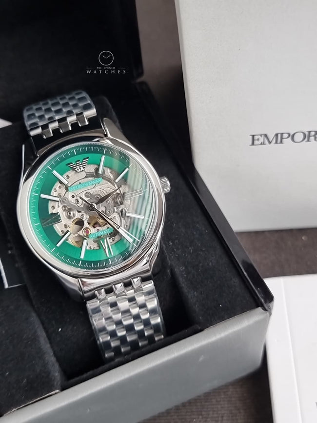 Emporio Armani Skeleton Silver Stainless Steel Green Dial Automatic Watch for Gents - Emporio Armani AR-60091 Hover Image