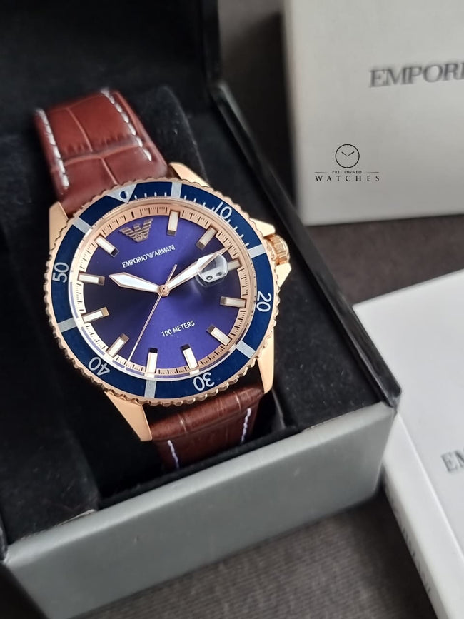 Emporio Armani Diver Brown Leather Strap Blue Dial Quartz Watch for Gents - AR11556 Hover Image