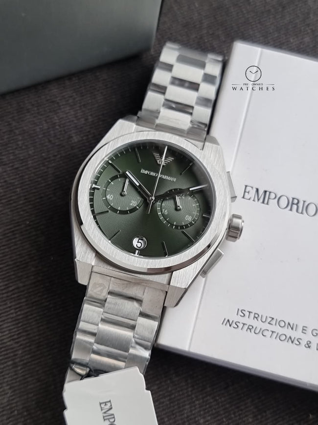 Emporio Armani Federico Silver Stainless Steel Green Dial Quartz Watch for Gents - AR11640 Hover Image