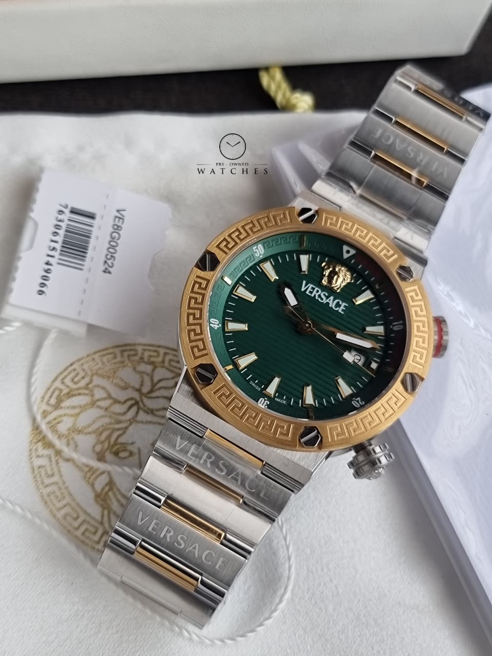 Versace Greca Logo Diver VE8G00524 Men's Watch – Green Dial, Two-Tone Stainless Steel, Quartz